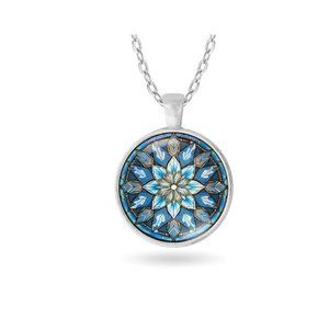 Stained Glass Icy Blue Snowflake Art Winter Christmas Silver Pendant Necklace